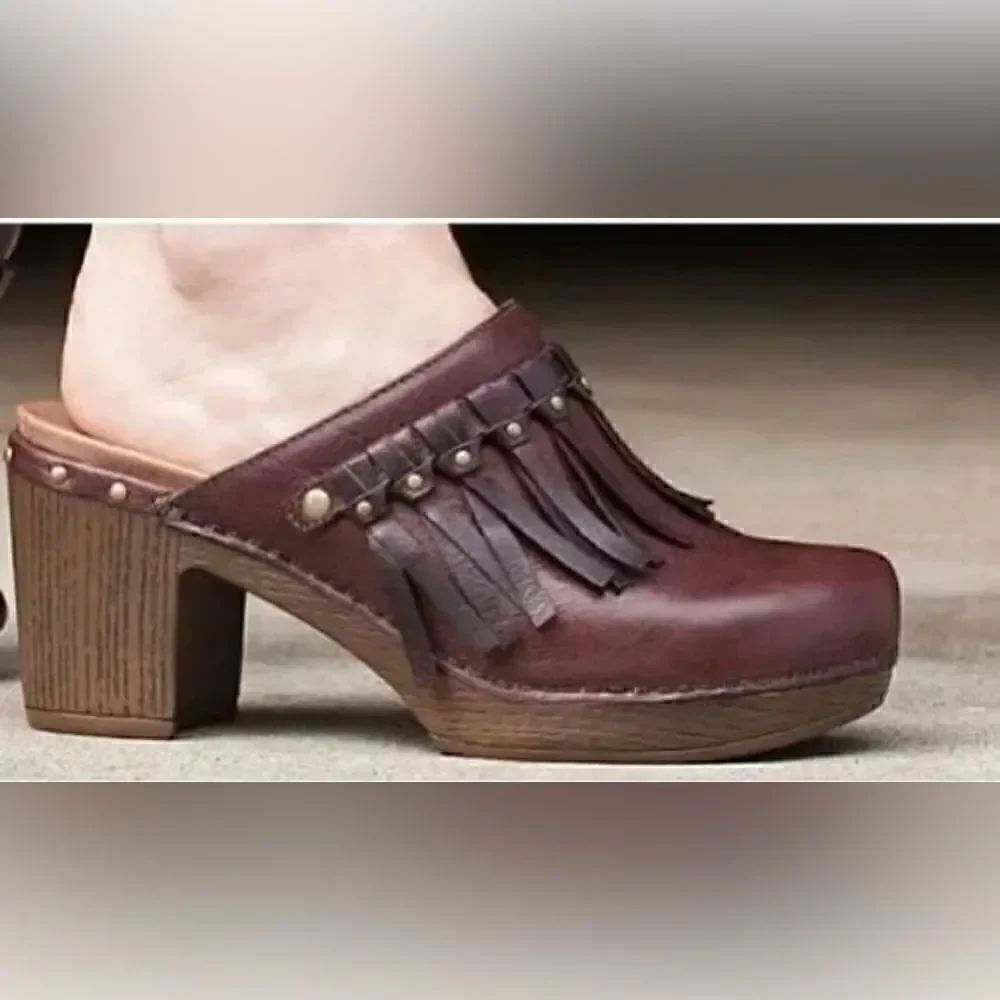 Dansko Brown Deni Heeled Clog Mules Fringe Slip On. 41/10-10.5